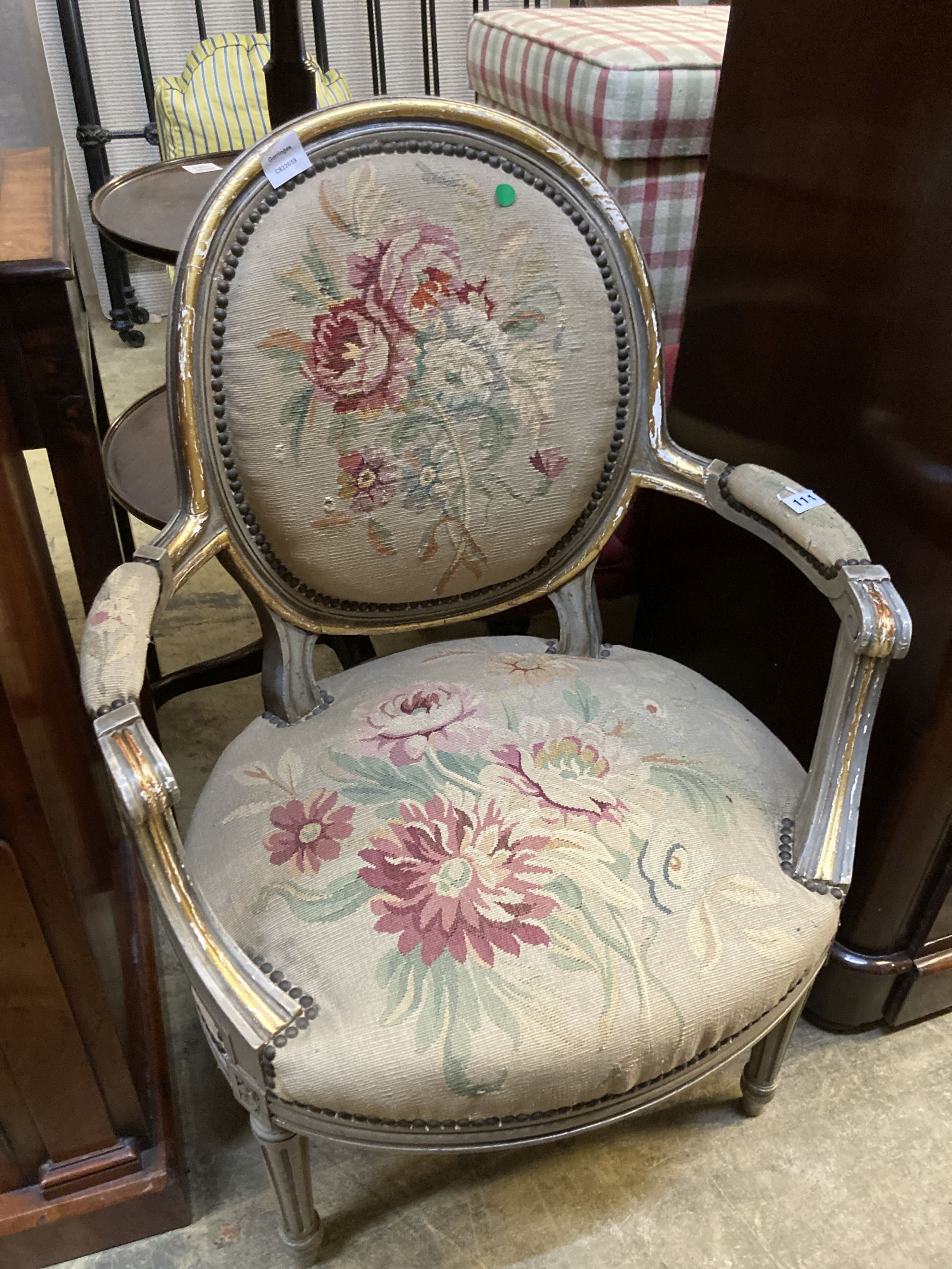 A French painted fauteuil, width 65cm, depth 48cm, height 94cm